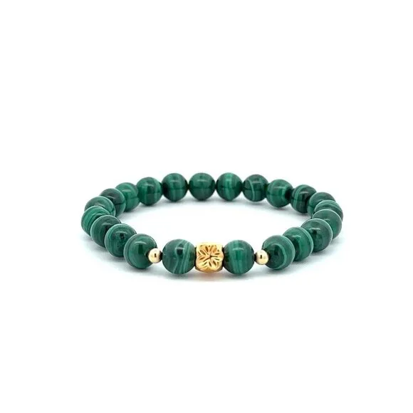18K Gold Money Bag Lucky Charm Beads Bracelet Gemstones Malachite 7mm